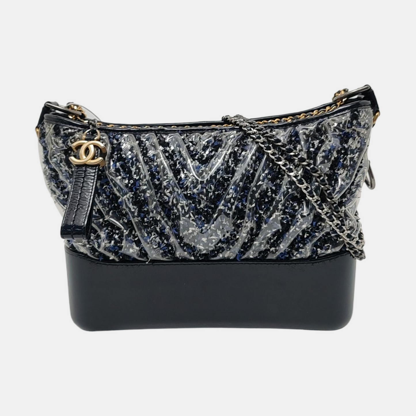 CHANEL GABRIELLE Medium Dark Blue Wool Quilted V Pattern Gabby Bag Crossbody Shoulder Bag Sling Bag Gold Silver Ruthenium Hardware 25 Clasp Removable Strap-(SKU)-954167174