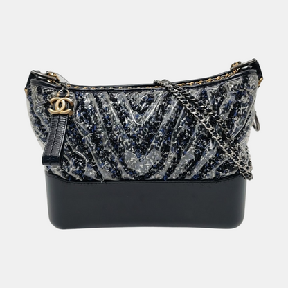 CHANEL GABRIELLE Medium Dark Blue Wool Quilted V Pattern Gabby Bag Crossbody Shoulder Bag Sling Bag Gold Silver Ruthenium Hardware 25 Clasp Removable Strap-(SKU)-954167174