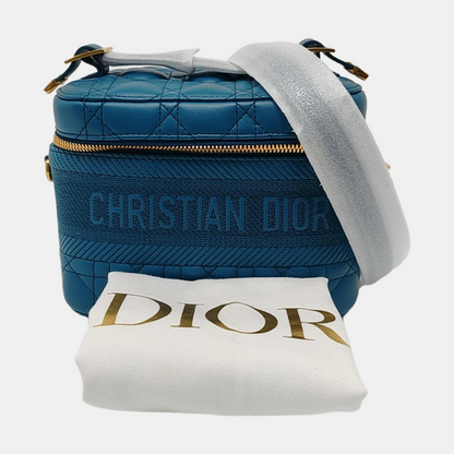DIOR Travel Vanity Small Dark Blue Lamb Skin Quilted Shoulder Bag with Handle, Gold Hardware, Removable Shoulder Strap-(SKU)-954443509