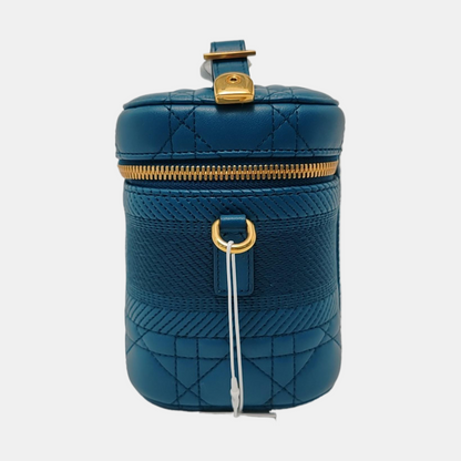 DIOR Travel Vanity Small Dark Blue Lamb Skin Quilted Shoulder Bag with Handle, Gold Hardware, Removable Shoulder Strap-(SKU)-954443509