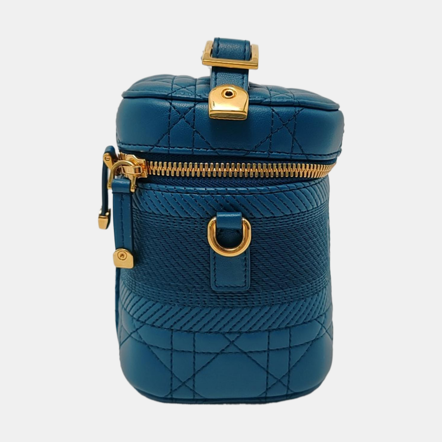 DIOR Travel Vanity Small Dark Blue Lamb Skin Quilted Shoulder Bag with Handle, Gold Hardware, Removable Shoulder Strap-(SKU)-954443509