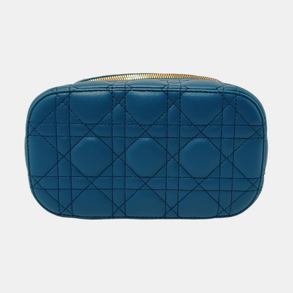 DIOR Travel Vanity Small Dark Blue Lamb Skin Quilted Shoulder Bag with Handle, Gold Hardware, Removable Shoulder Strap-(SKU)-954443509