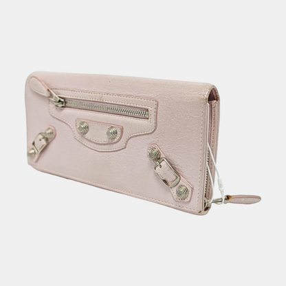 BALENCIAGA Classic City Light Pink Lamb Leather Stud Biker Wallet Silver Hardware-(SKU)-954228884