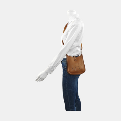 HERMÈS Evelyne TPM Gold Brown Clemence Leather Evelyne Shoulder Bag Crossbody Bag Silver Hardware Removable Strap U Complete Accessories-(SKU)-954343620