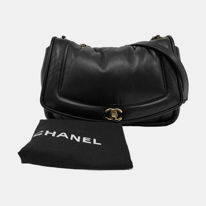 CHANEL VINTAGE PUFFY black lambskin crossbody bag shoulder bag 28 opening gold hardware-(SKU)-954421943