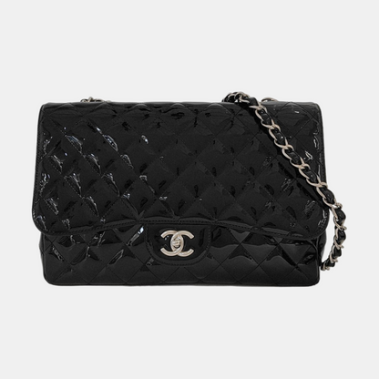 CHANEL CLASSIC FLAP Large Size Black Patent Calfskin Quilted Jumbo Crossbody Bag Shoulder Bag Silver Hardware 13 Opening-(SKU)-954460430