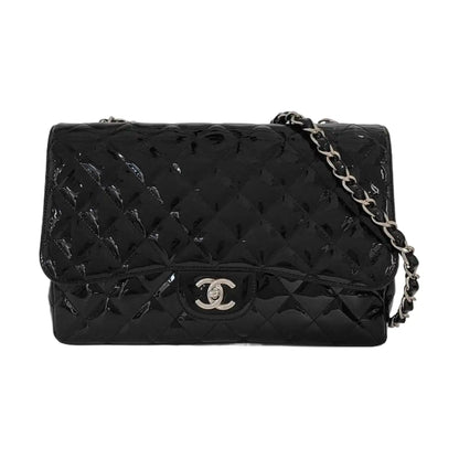 CHANEL CLASSIC FLAP Large Size Black Patent Calfskin Quilted Jumbo Crossbody Bag Shoulder Bag Silver Hardware 13 Opening-(SKU)-954460430