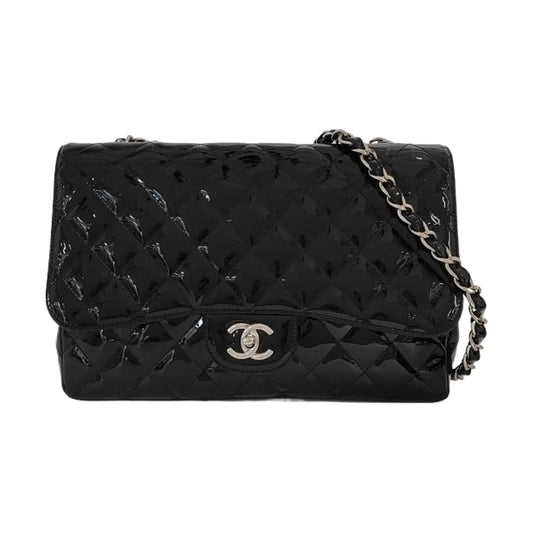 CHANEL CLASSIC FLAP Large Size Black Patent Calfskin Quilted Jumbo Crossbody Bag Shoulder Bag Silver Hardware 13 Opening-(SKU)-954460430