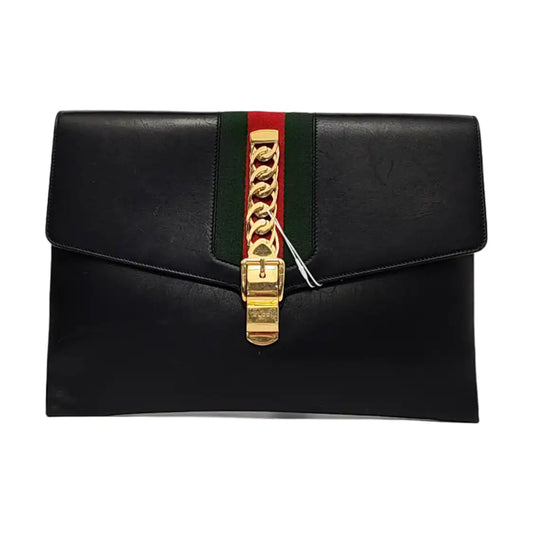GUCCI Sylvie Black leather striped tape Sylvie handbag Golden hardware-(SKU)-954357359