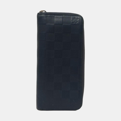 LOUIS VUITTON Dark Blue Cowhide Checkered Wallet Silver Hardware-(SKU)-954637062