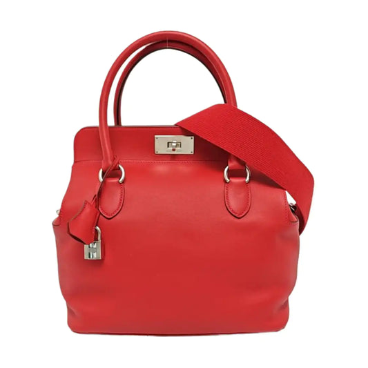 HERMÈS Toolbox 26 Peony Red Evercolor Leather Shoulder Bag with Silver Hardware, T Clasp, Detachable Strap-(SKU)-954919312