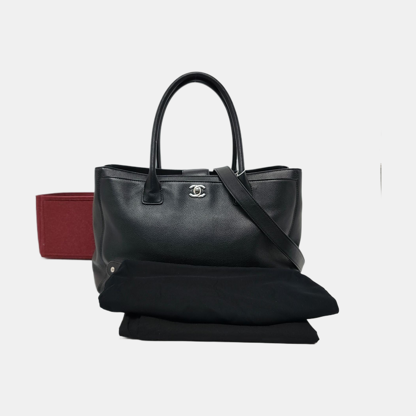 CHANEL CERF Black Calfskin Quilted Shoulder Bag Tote Bag Crossbody Bag Silver Hardware 17 Clasp Removable Strap-(SKU)-954658799