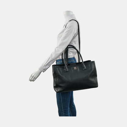 CHANEL CERF Black Calfskin Quilted Shoulder Bag Tote Bag Crossbody Bag Silver Hardware 17 Clasp Removable Strap-(SKU)-954658799