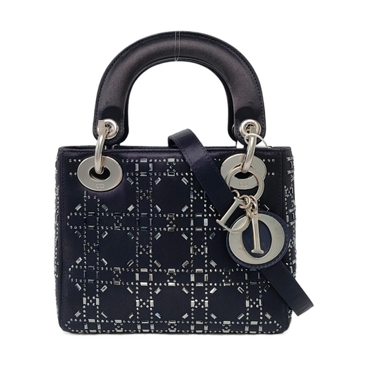 DIOR Lady Dior Mini Dark Blue Silk Jacquard Quilted Shoulder Bag with Chain Strap, Silver Hardware, Removable Shoulder Strap-(SKU)-955061243