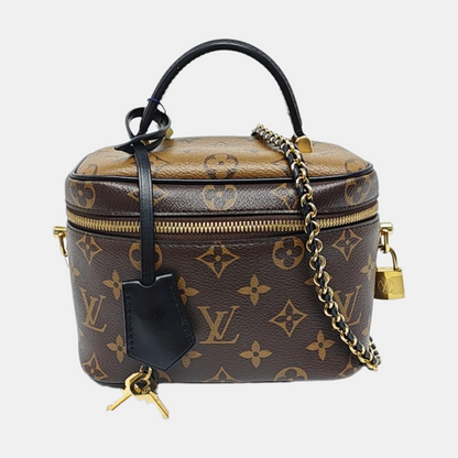 LOUIS VUITTON VANITY CHAIN POUCH Small Brown Coated Canvas Monogram Vernis Cosmetic Bag Shoulder Bag Crossbody Bag Handbag Gold Hardware Removable Shoulder Strap-(SKU)-955510928