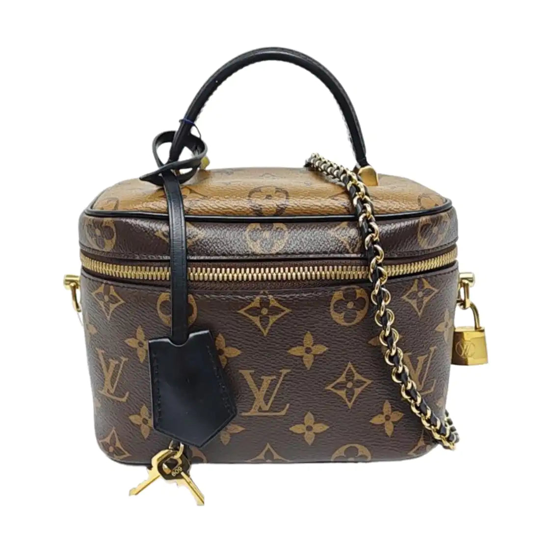 LOUIS VUITTON VANITY CHAIN POUCH Small Brown Coated Canvas Monogram Vernis Cosmetic Bag Shoulder Bag Crossbody Bag Handbag Gold Hardware Removable Shoulder Strap-(SKU)-955510928