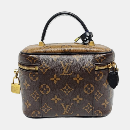 LOUIS VUITTON VANITY CHAIN POUCH Small Brown Coated Canvas Monogram Vernis Cosmetic Bag Shoulder Bag Crossbody Bag Handbag Gold Hardware Removable Shoulder Strap-(SKU)-955510928