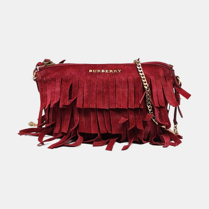 BURBERRY Plum Velvet Leather Fringe Single Shoulder Bag Crossbody Bag Silver Hardware Removable shoulder strap-(SKU)-955725239