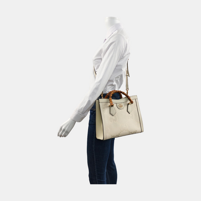 GUCCI Diana Small White Canvas Monogram Bamboo Handle Shoulder Bag Tote Bag Golden Hardware 2 Removable Straps-(SKU)-955631350