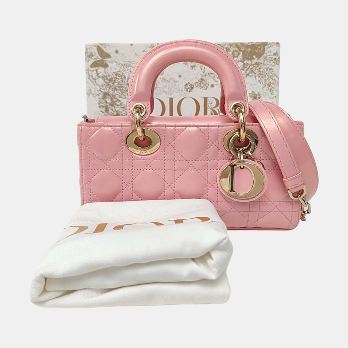DIOR Lady D-Joy Small Pink Patent Leather Quilted Cannage Five-Panel Shoulder Bag with Detachable Strap, Gold Hardware-(SKU)-955755795