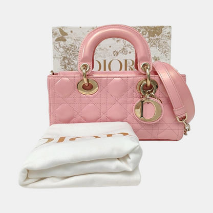DIOR Lady D-Joy Small Pink Patent Leather Quilted Cannage Five-Panel Shoulder Bag with Detachable Strap, Gold Hardware-(SKU)-955755795