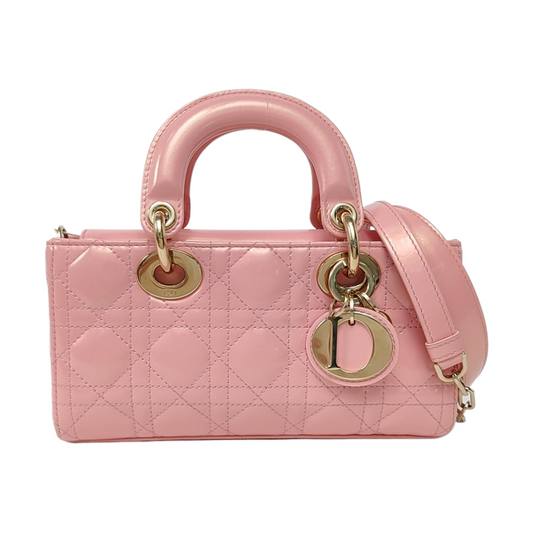 DIOR Lady D-Joy Small Pink Patent Leather Quilted Cannage Five-Panel Shoulder Bag with Detachable Strap, Gold Hardware-(SKU)-955755795