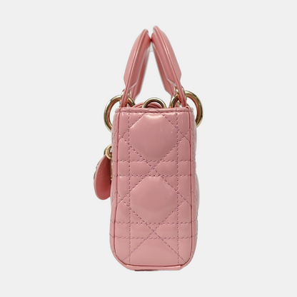 DIOR Lady D-Joy Small Pink Patent Leather Quilted Cannage Five-Panel Shoulder Bag with Detachable Strap, Gold Hardware-(SKU)-955755795