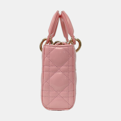 DIOR Lady D-Joy Small Pink Patent Leather Quilted Cannage Five-Panel Shoulder Bag with Detachable Strap, Gold Hardware-(SKU)-955755795