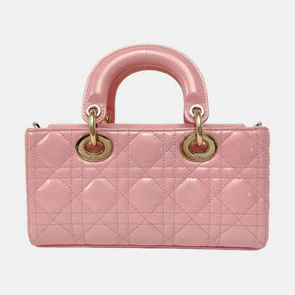 DIOR Lady D-Joy Small Pink Patent Leather Quilted Cannage Five-Panel Shoulder Bag with Detachable Strap, Gold Hardware-(SKU)-955755795