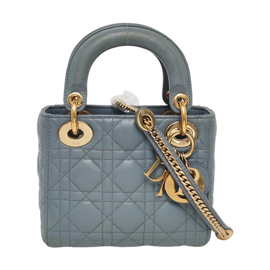 DIOR Lady Dior Mini Blue Lamb Calfskin Quilted Cannage Three-Panel Single Shoulder Bag Handbag Crossbody Bag Gold Hardware Removable Shoulder Strap-(SKU)-955731016