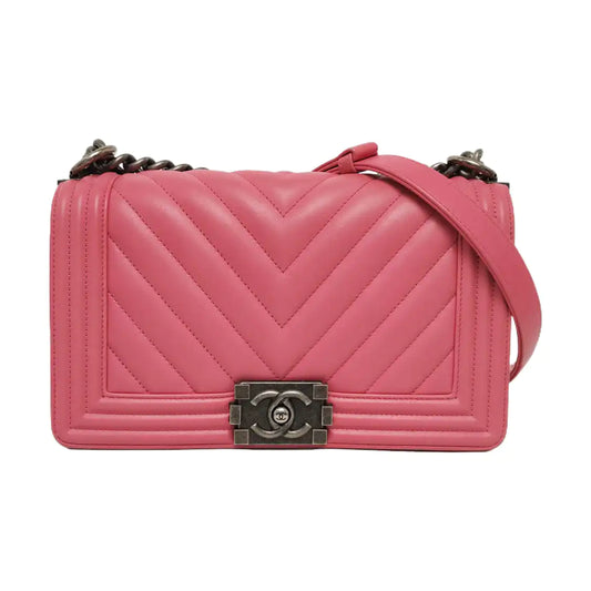 CHANEL BOY CHANEL Medium Pink Calfskin Quilted V Crossbody Bag Shoulder Bag Rhodium Hardware 26 Opening Removable Strap-(SKU)-955716797