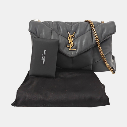 YSL PUFFER Mini Dark Gray Lamb Leather Quilted V Envelope Bag Single Shoulder Bag and Crossbody with Gold Hardware-(SKU)-955986894