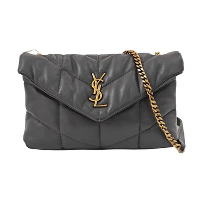 YSL PUFFER Mini Dark Gray Lamb Leather Quilted V Envelope Bag Single Shoulder Bag and Crossbody with Gold Hardware-(SKU)-955986894