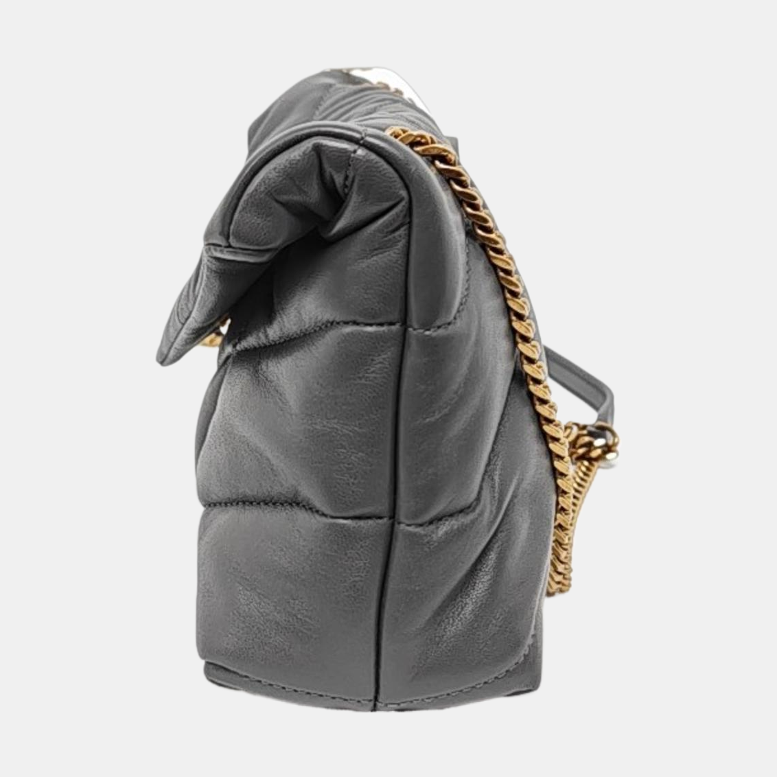 YSL PUFFER Mini Dark Gray Lamb Leather Quilted V Envelope Bag Single Shoulder Bag and Crossbody with Gold Hardware-(SKU)-955986894