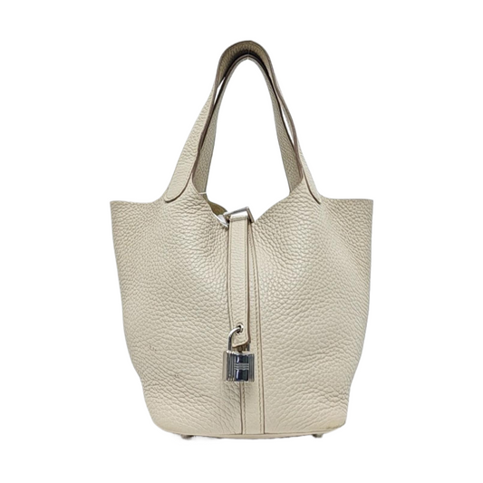 HERMÈS Picotin Lock 18 Glacier White Clemence Leather Market Basket Tote Bag with Silver Hardware U-(SKU)-955853824