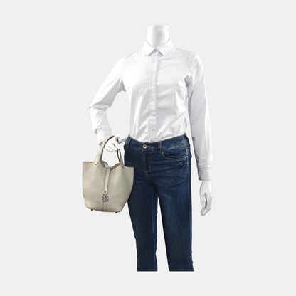 HERMÈS Picotin Lock 18 Glacier White Clemence Leather Market Basket Tote Bag with Silver Hardware U-(SKU)-955853824