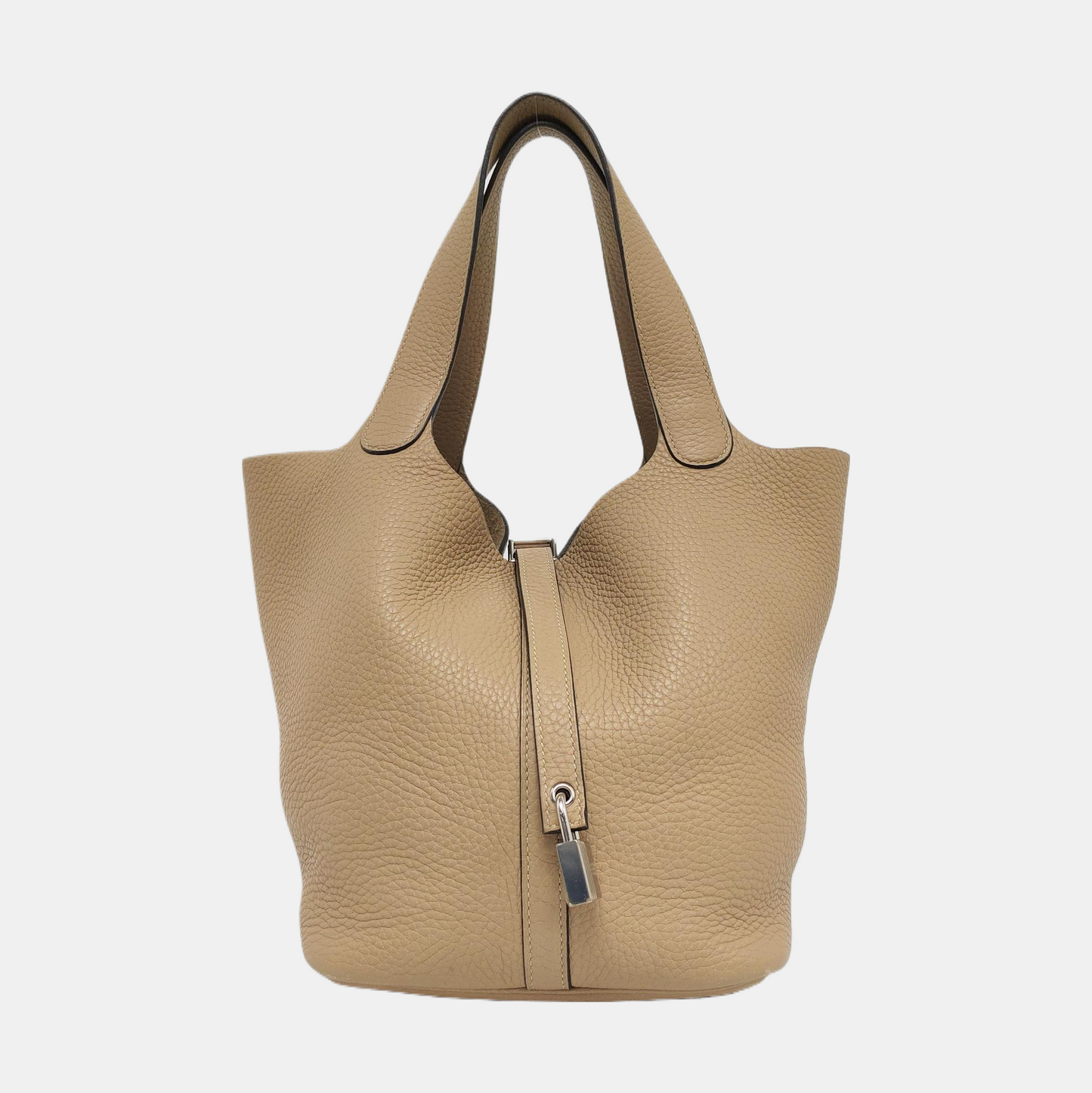 HERMÈS Picotin Lock 22 Khaki Clemence Leather Basket Handbag with Silver Hardware and X Engraving-(SKU)-955859168