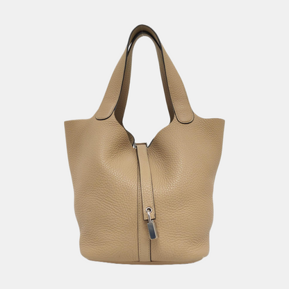 HERMÈS Picotin Lock 22 Khaki Clemence Leather Basket Handbag with Silver Hardware and X Engraving-(SKU)-955859168