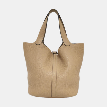 HERMÈS Picotin Lock 22 Khaki Clemence Leather Basket Handbag with Silver Hardware and X Engraving-(SKU)-955859168
