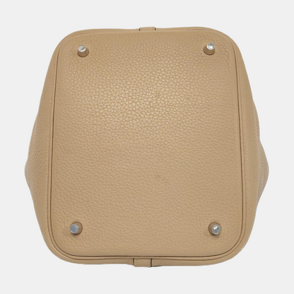 HERMÈS Picotin Lock 22 Khaki Clemence Leather Basket Handbag with Silver Hardware and X Engraving-(SKU)-955859168