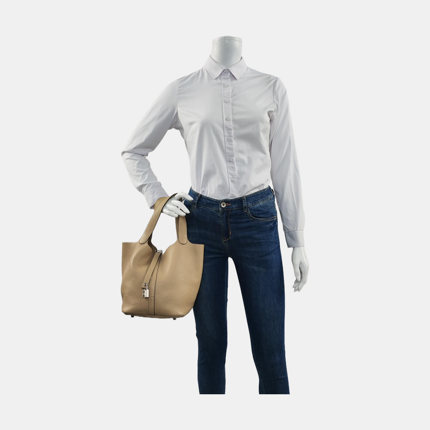 HERMÈS Picotin Lock 22 Khaki Clemence Leather Basket Handbag with Silver Hardware and X Engraving-(SKU)-955859168