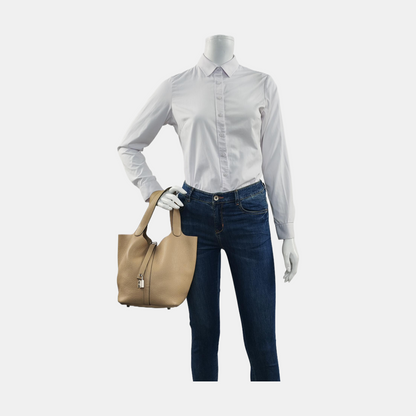 HERMÈS Picotin Lock 22 Khaki Clemence Leather Basket Handbag with Silver Hardware and X Engraving-(SKU)-955859168