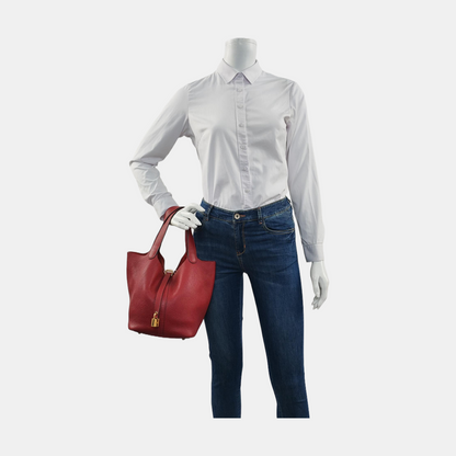 HERMÈS Picotin Lock 22 Pomegranate Red Clemence Leather Picotin Lock Handbag Gold Hardware Y Engraved-(SKU)-955861432