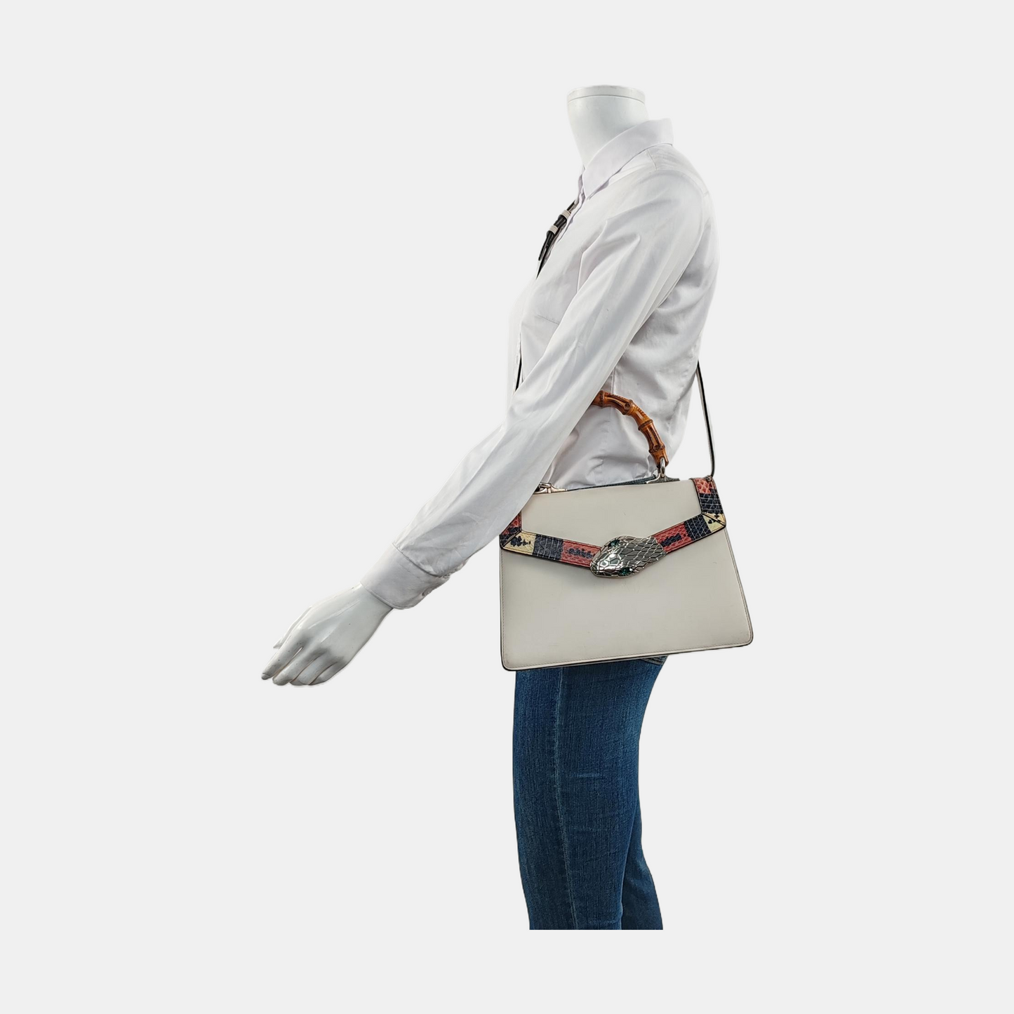GUCCI Lilith White Cowhide Bamboo Embellished Bag Single Shoulder Bag Crossbody Handbag Silver Hardware Removable shoulder strap-(SKU)-943329956