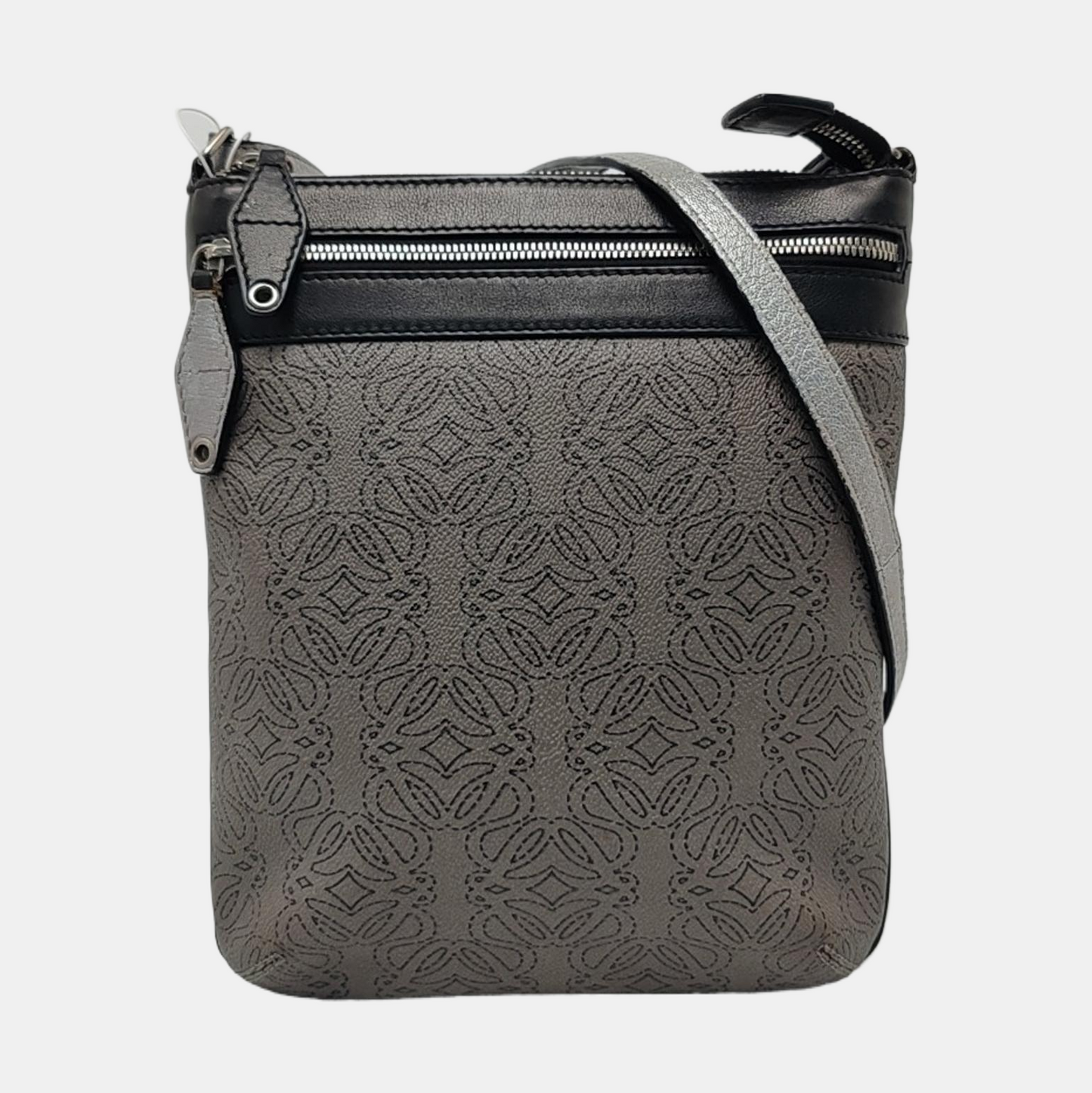 LOEWE Dark Grey Coated Canvas Printed Crossbody Bag Shoulder Bag Silver Hardware Removable shoulder strap-(SKU)-956152838