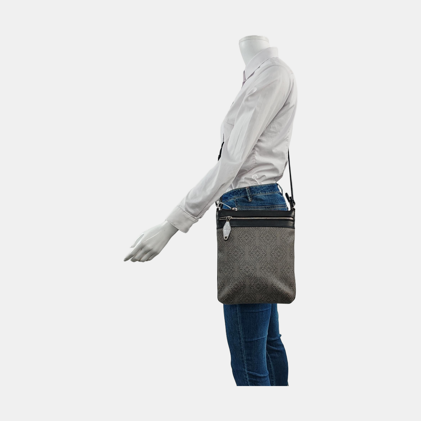 LOEWE Dark Grey Coated Canvas Printed Crossbody Bag Shoulder Bag Silver Hardware Removable shoulder strap-(SKU)-956152838