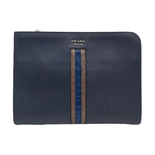 PRADA Men's Bag蓝色牛皮十字纹,鳄鱼纹手拿包-(SKU)-956380870