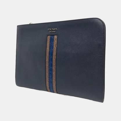 PRADA Men's Bag蓝色牛皮十字纹,鳄鱼纹手拿包-(SKU)-956380870