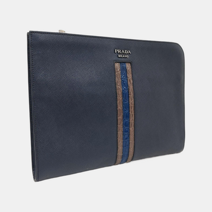 PRADA Men's Bag蓝色牛皮十字纹,鳄鱼纹手拿包-(SKU)-956380870