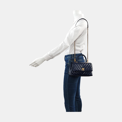 CHANEL COCO HANDLE Small Navy Blue Leather Quilted V Pattern Shoulder Bag with Detachable Strap, Gold Hardware, 26 Clasp-(SKU)-956703810